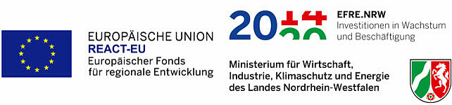 Der Logo der Europäischen Union, das Logo des Europäischer Fonds für regionale Entwicklungund darunter das Logo der vom Ministerium für Wirtschaft, Industrie, Klimaschutz und Energie des Landes Nordrhein-Westfalen.