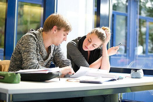 Zwei Studierende lernen zusammen an einem Tisch.