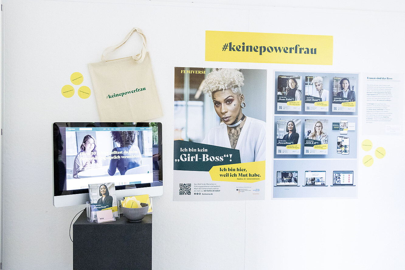 Übersicht der Kampagne "#keinepowerfrau". Plakate, Webseite, Sticker, etc.